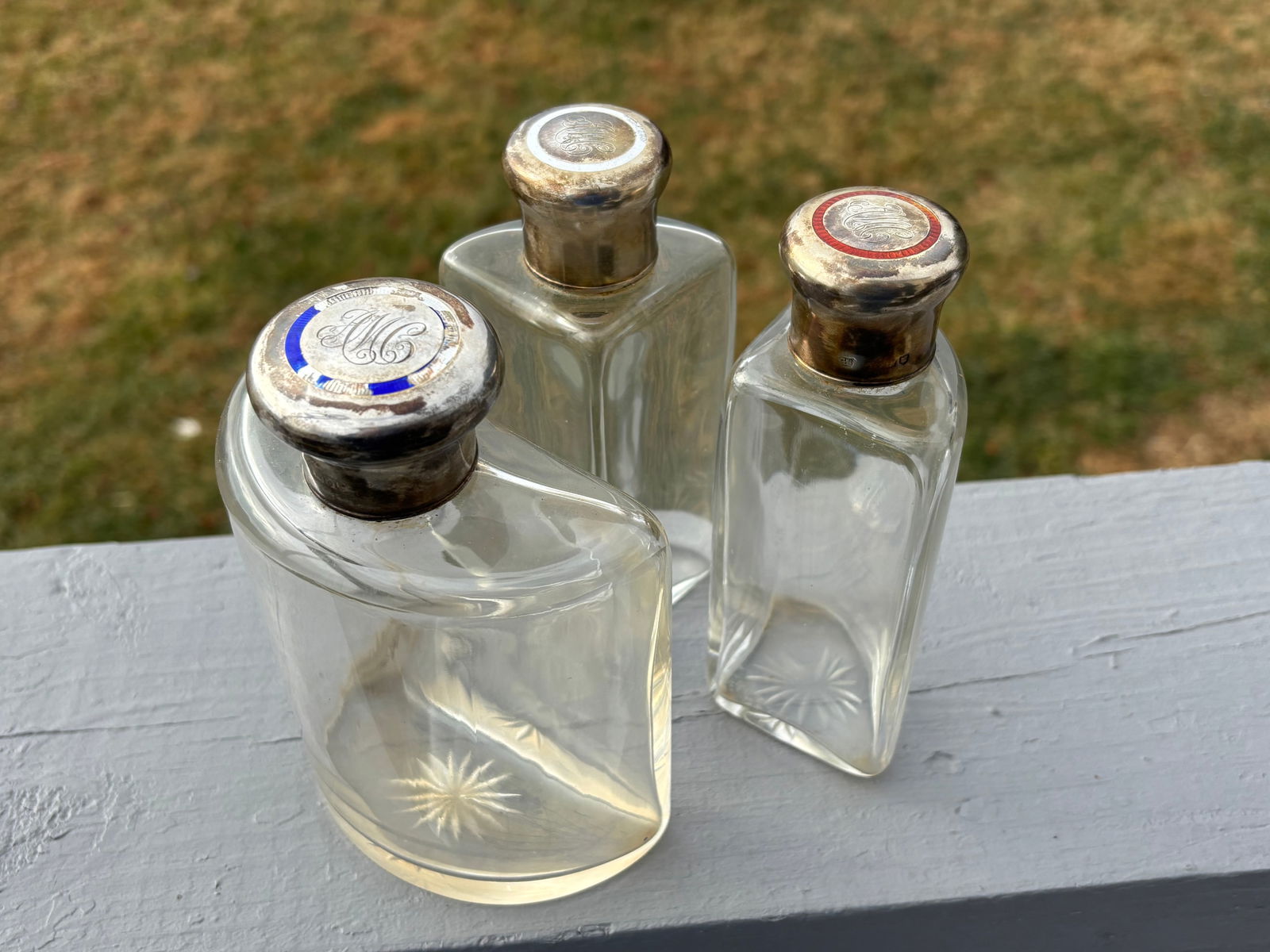 19th C. English Crown Leather Travel Flask With Silver, Crystal, Enamel Details - 7