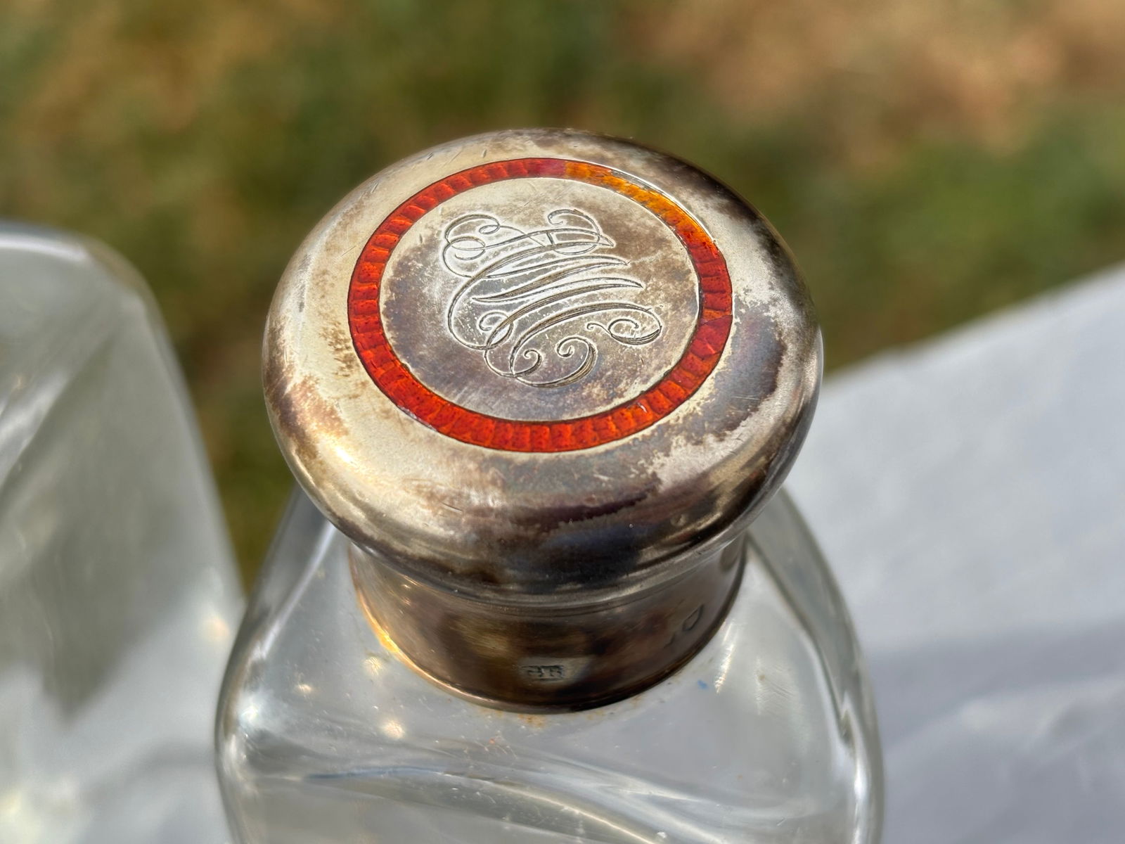 19th C. English Crown Leather Travel Flask With Silver, Crystal, Enamel Details - 8