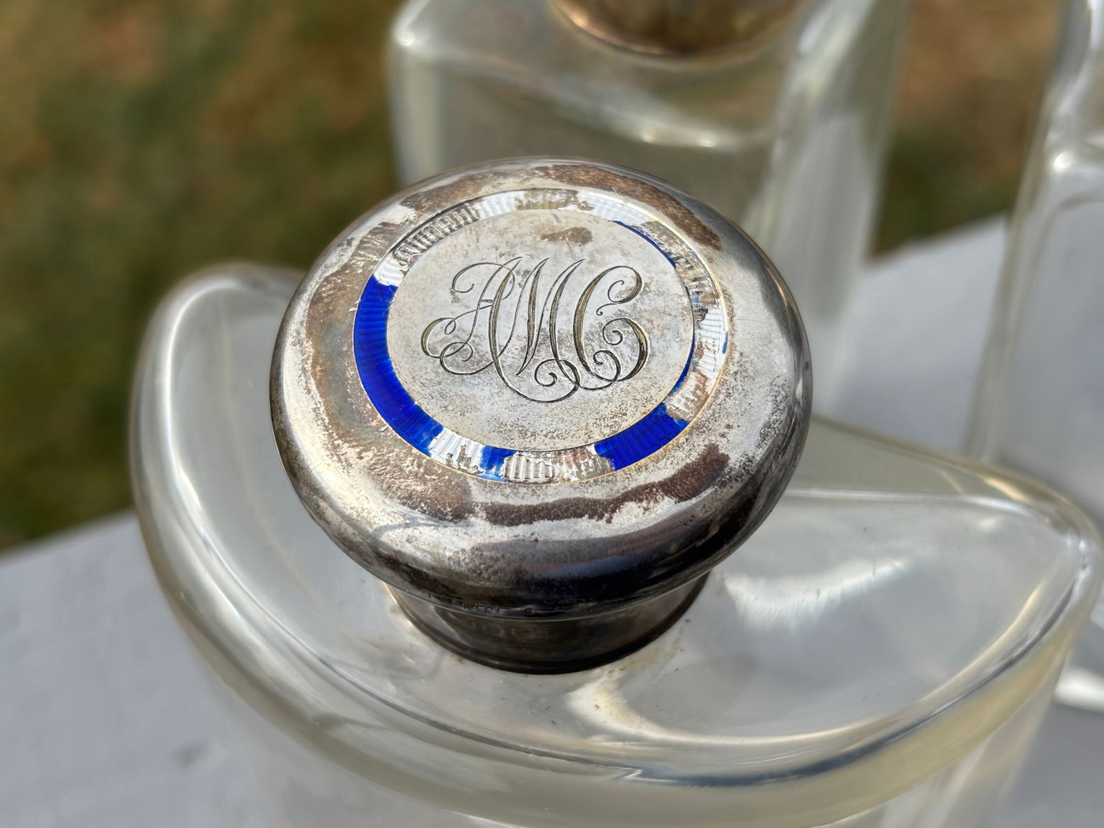 19th C. English Crown Leather Travel Flask With Silver, Crystal, Enamel Details - 9