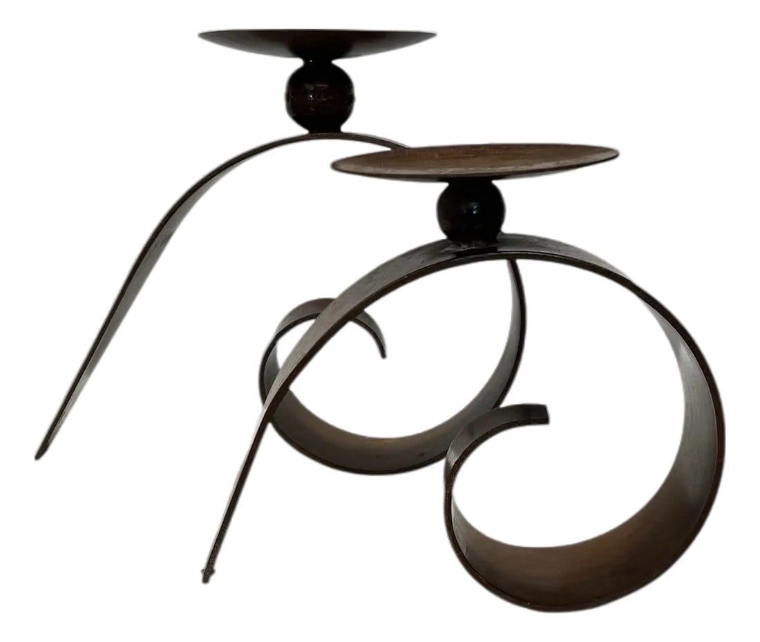 Vintage Modern Style Brutalist Hand Wrought Iron Abstract Candleholders- A Pair: Vintage brutalist modern style hand wrought iron abstract candleholders for pillar or large votive candles. Large measures 16" w x 3" d x 13" h x plate 7" diameter, small 12" w x 4" d x 10" h x plate