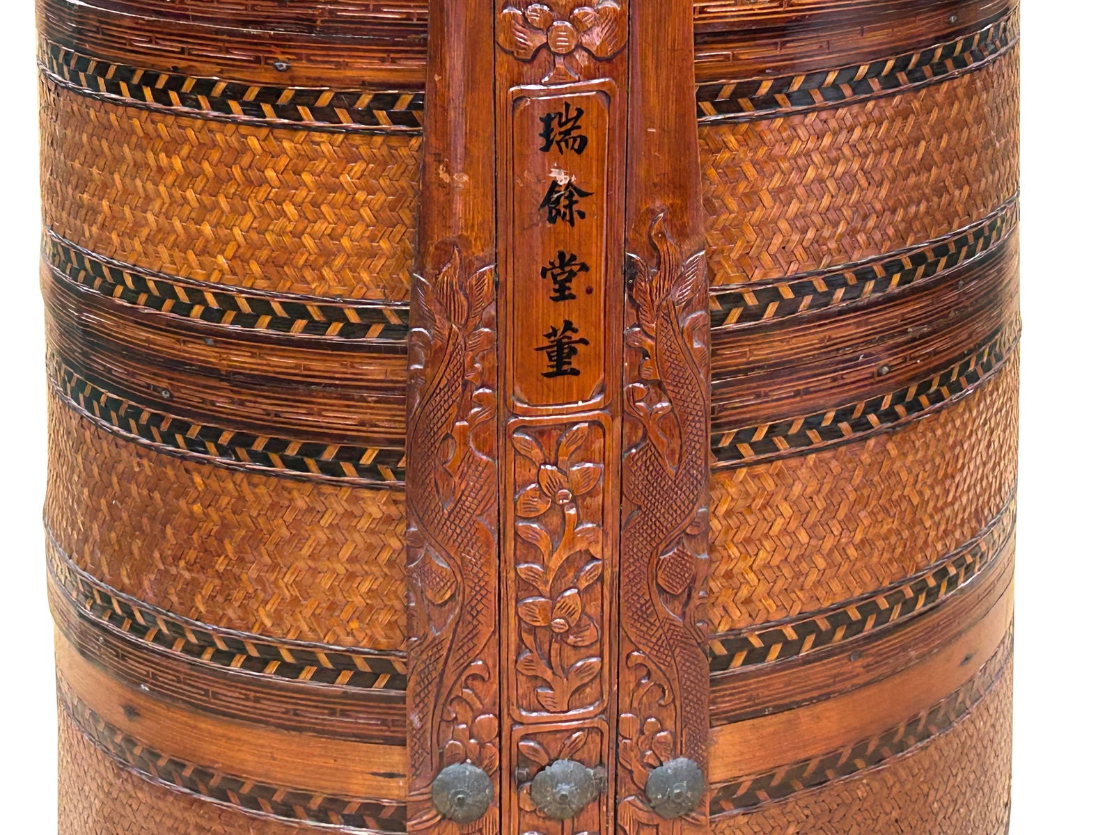 Vintage Oriental Handmade Brown Rattan Stack Basket With Handle - 11