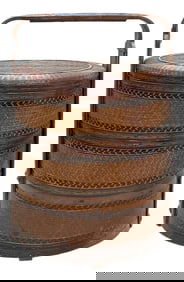 Vintage Oriental Handmade Brown Rattan Stack Basket With Handle