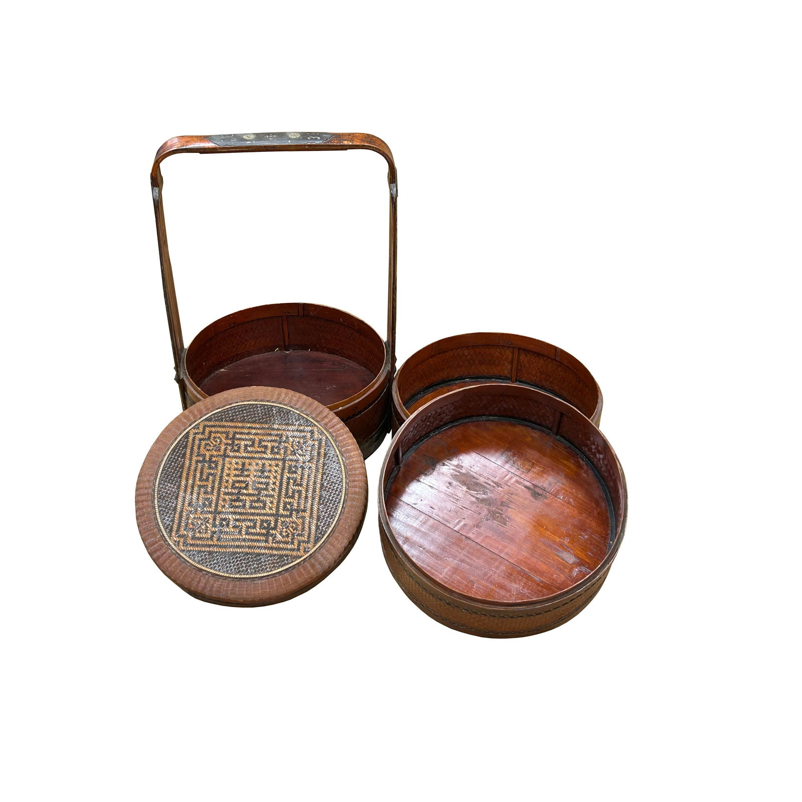 Vintage Oriental Handmade Brown Rattan Stack Basket With Handle - 7