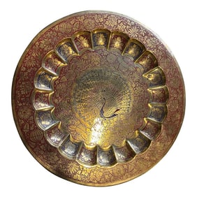 Vintage Brass Tray With Red Peacock Accents