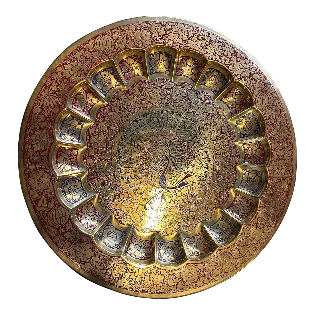 Vintage Brass Tray With Red Peacock Accents: Up for consideration is a beautiful vintage brass tray with red peacock details. This would look lovely in your home and it is a perfect conversation starter for your guests. This piece is also a