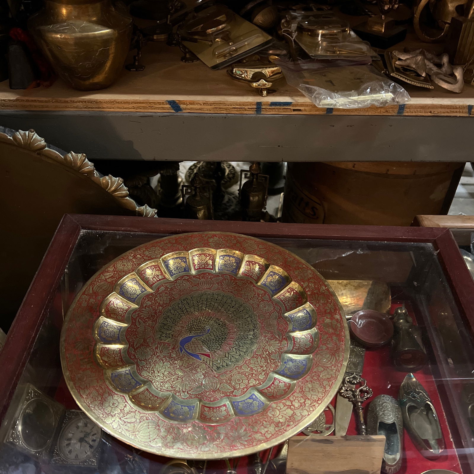 Vintage Brass Tray With Red Peacock Accents - 4