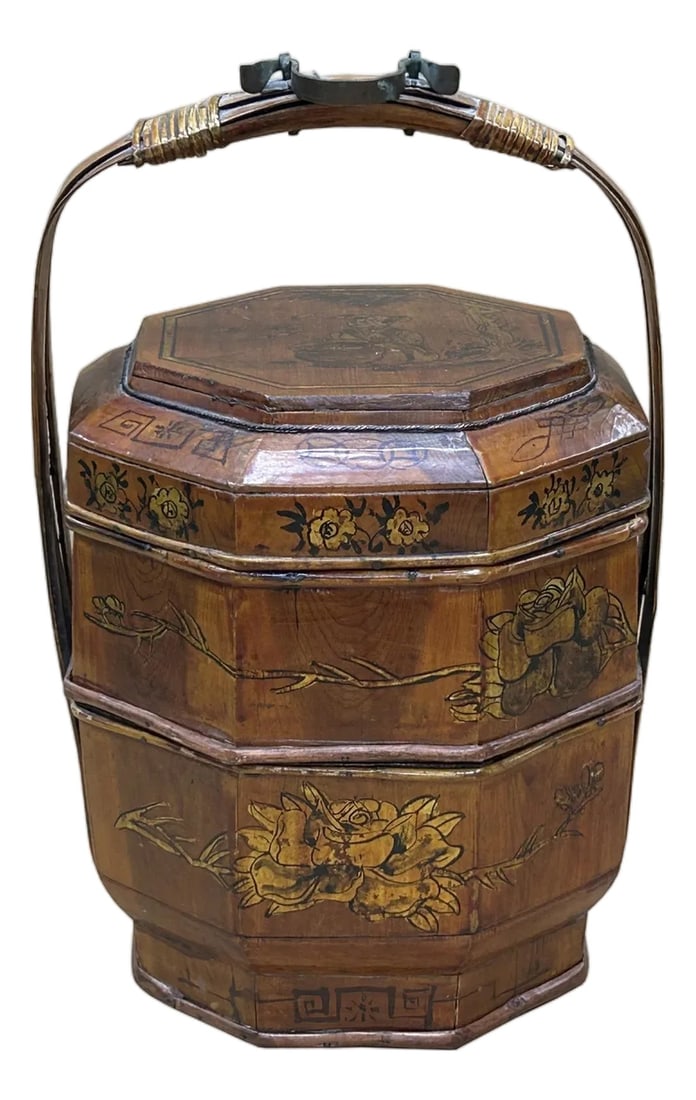 Vintage Oriental Octagonal Golden Graphic Stack Wedding Basket Display: This is a beautifully preserved, antique tiered Chinese wedding or food basket (Hé Hé/å–œç›’ or ì‹ç›’), likely constructed from