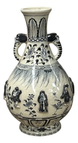 Oriental Cream White Color Blue Eight Immortal Theme Porcelain Vase Art