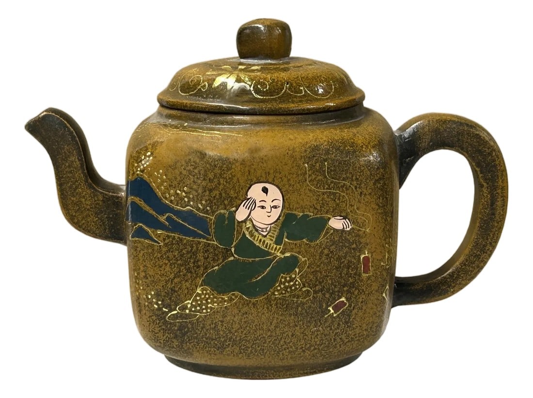 Vintage Chinese Mustard Yellow Graphic Zisha Clay Teapot Art Display: This is a small, square-bodied clay teapot featuring a rich, mottled mustard-yellow to brown glaze with a distinct, antique appearance. The surface is adorned with gold-colored graphic embellishments