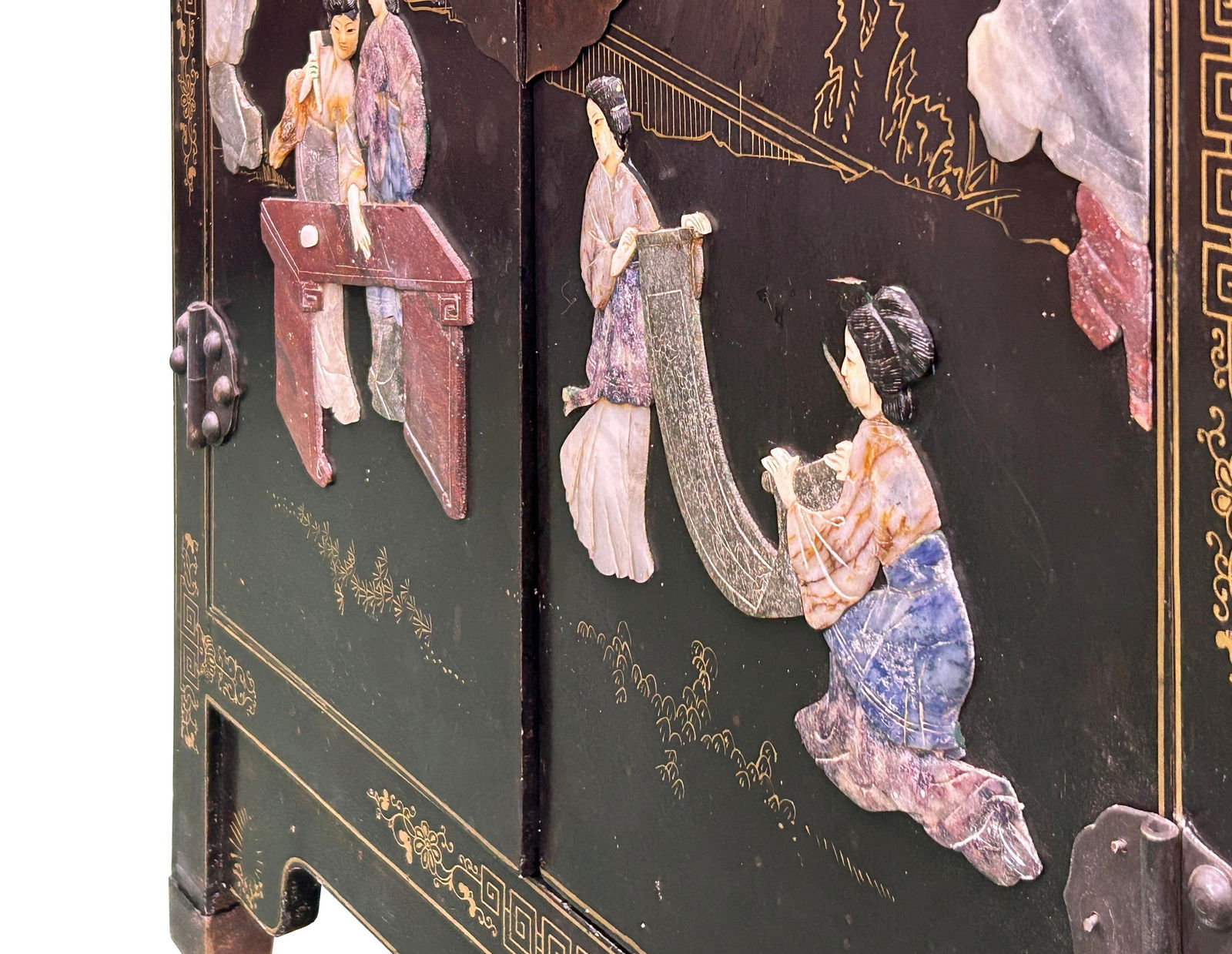 Vintage Chinoiseries Black & Stone Inlay Graphic End Table Nightstand - 10