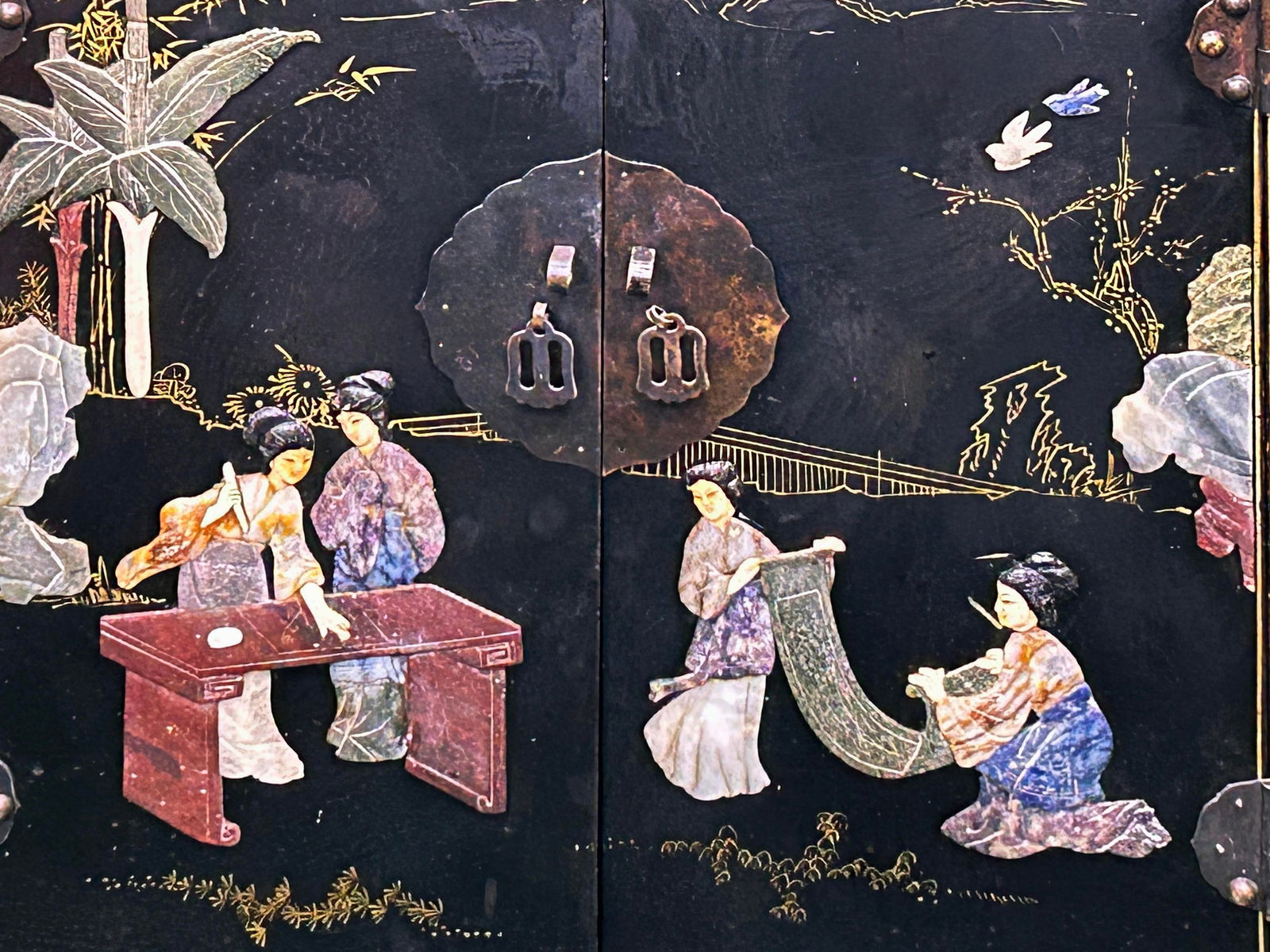 Vintage Chinoiseries Black & Stone Inlay Graphic End Table Nightstand - 11