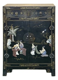 Vintage Chinoiseries Black & Stone Inlay Graphic End Table Nightstand