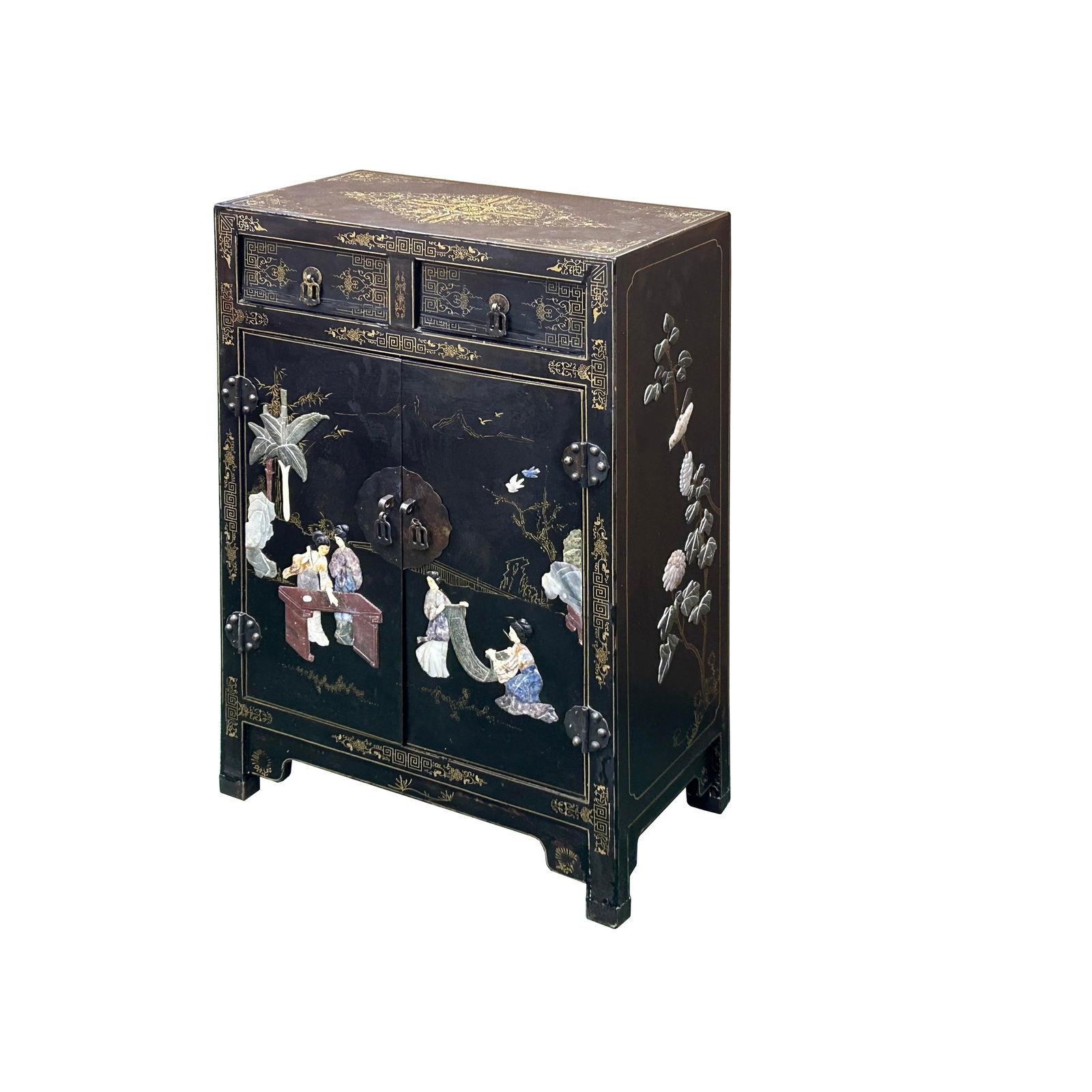 Vintage Chinoiseries Black & Stone Inlay Graphic End Table Nightstand - 2