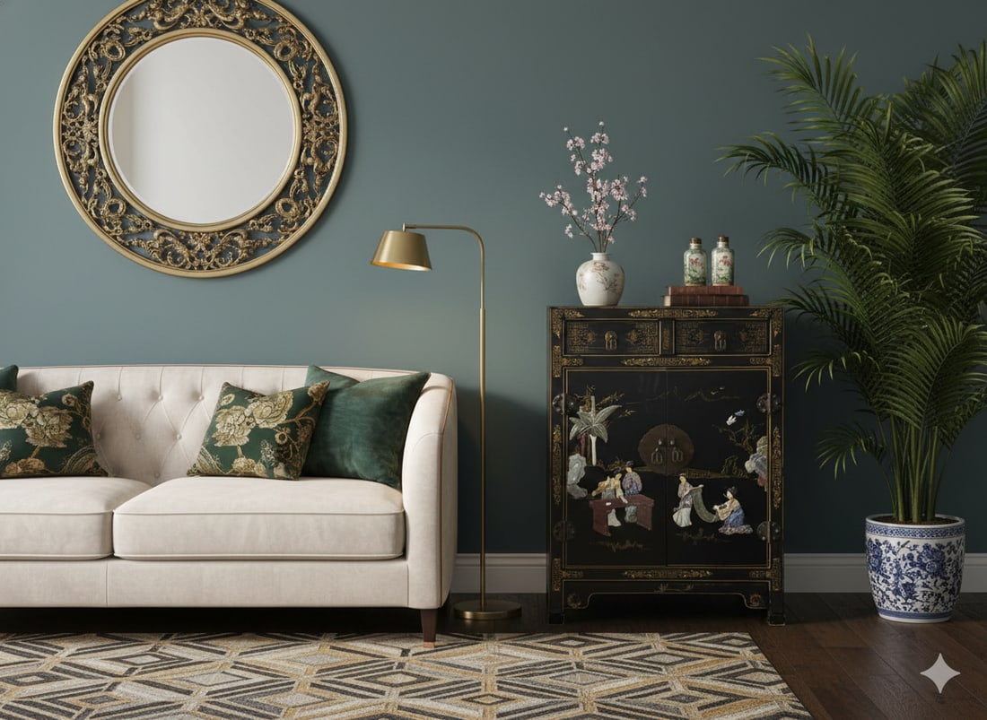 Vintage Chinoiseries Black & Stone Inlay Graphic End Table Nightstand - 5