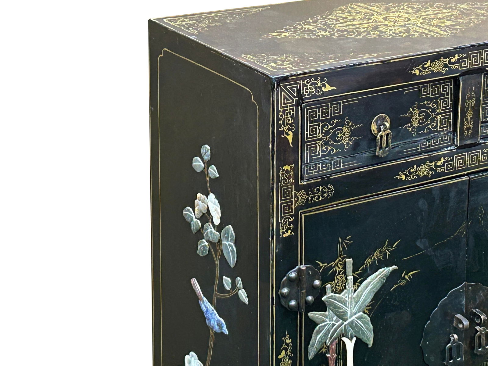 Vintage Chinoiseries Black & Stone Inlay Graphic End Table Nightstand - 7