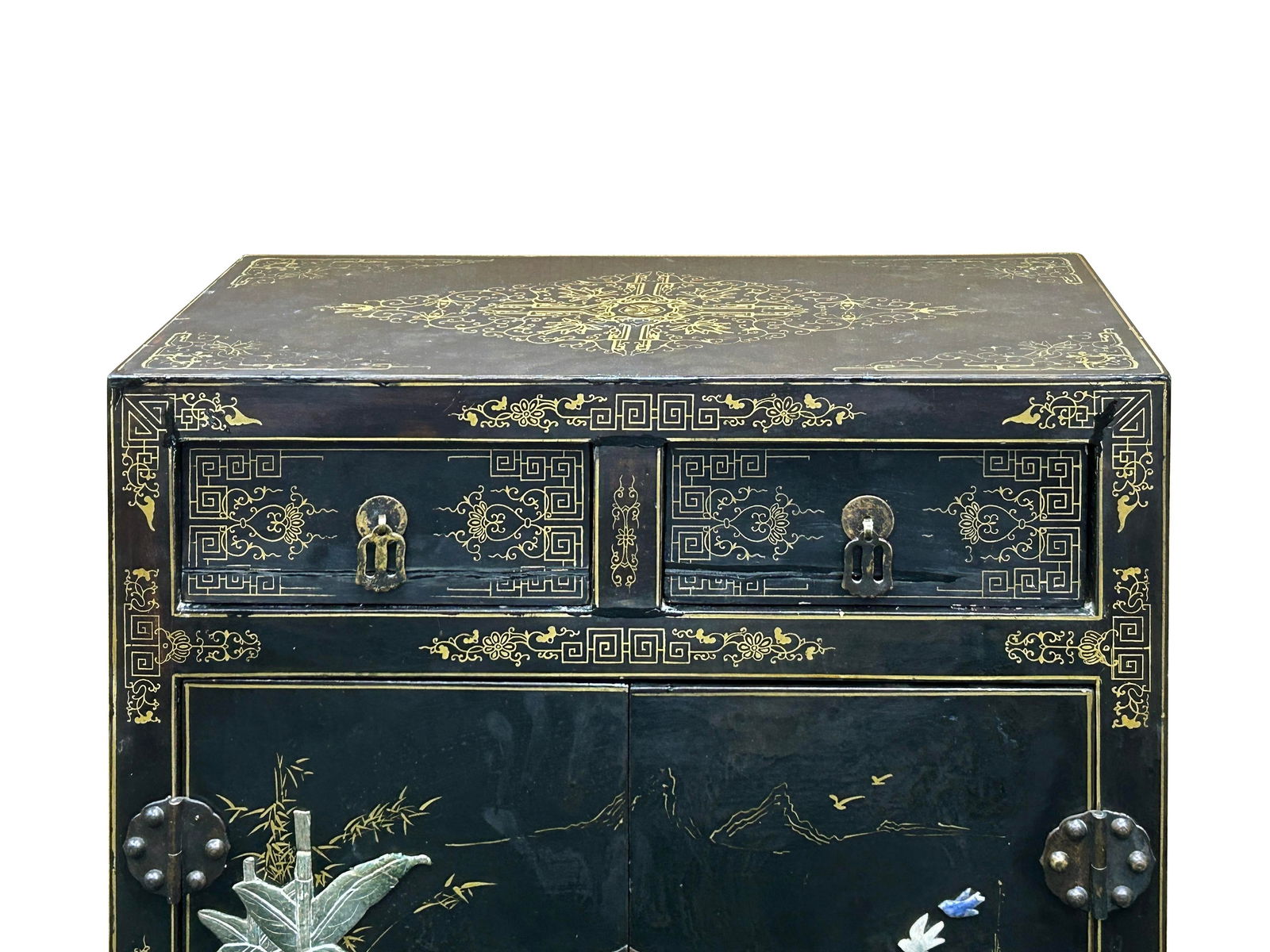 Vintage Chinoiseries Black & Stone Inlay Graphic End Table Nightstand - 8