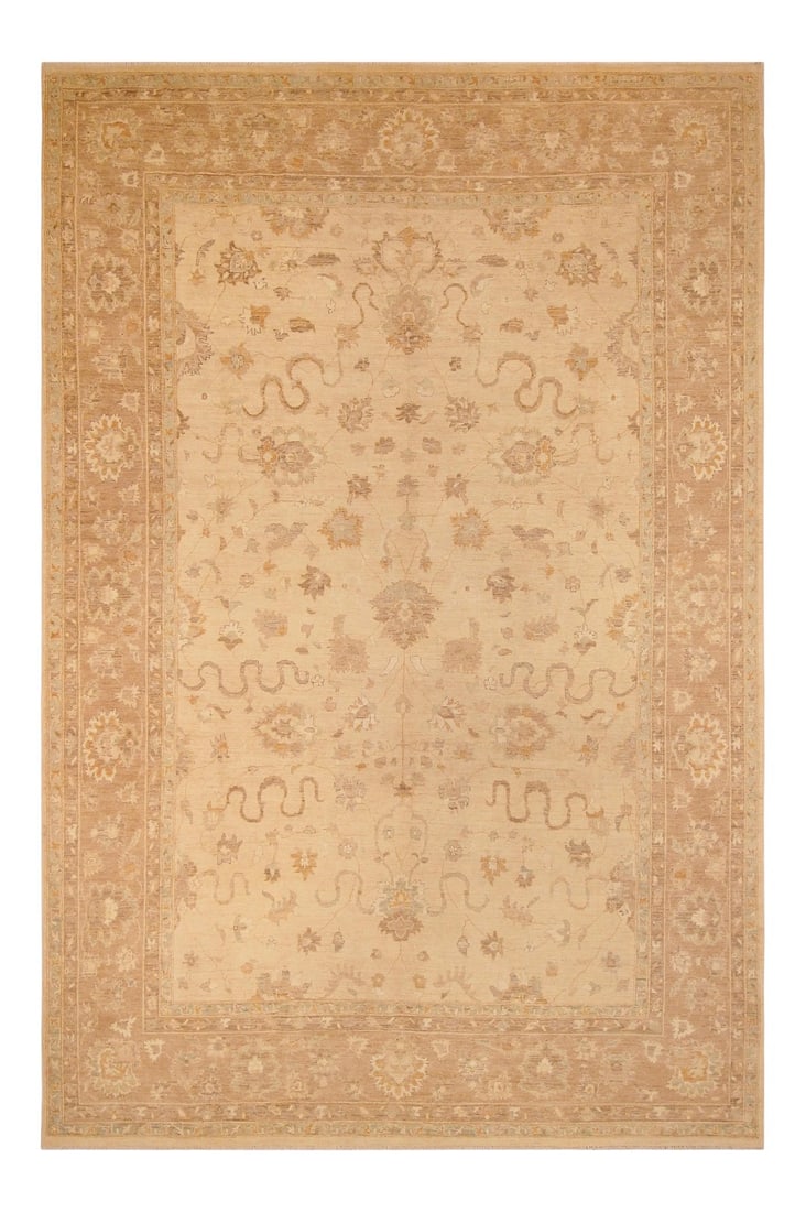 1990s Bohemian Sun Faded Tan/Brown Hand Knotted Wool Rug: A Persian influenced Turkish hand knotted rug made by skilled artisans capable of creating the most exceptional vegetable dyes and hand-spun New Zealand wool. This gorgeous one of a kind Peshawar