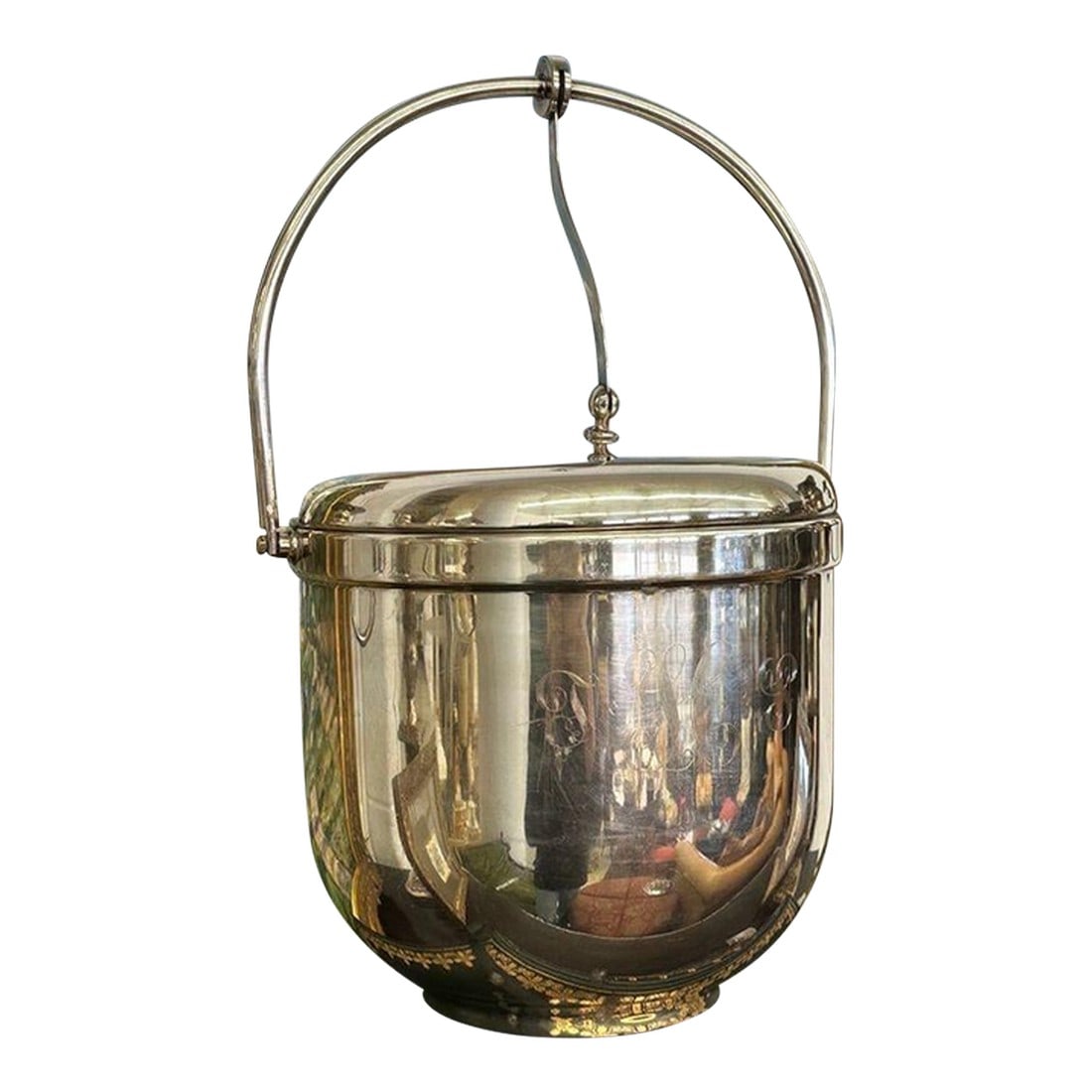 Vintage Sheffield Silverplate Lidded Ice Bucket With Pyrex Insert - From the Estate of Susie Hilfige: This vintage Sheffield silverplate ice bucket features a classic rounded silhouette with a polished exterior and an elegant swing handle, combining timeless form with practical design. The interior