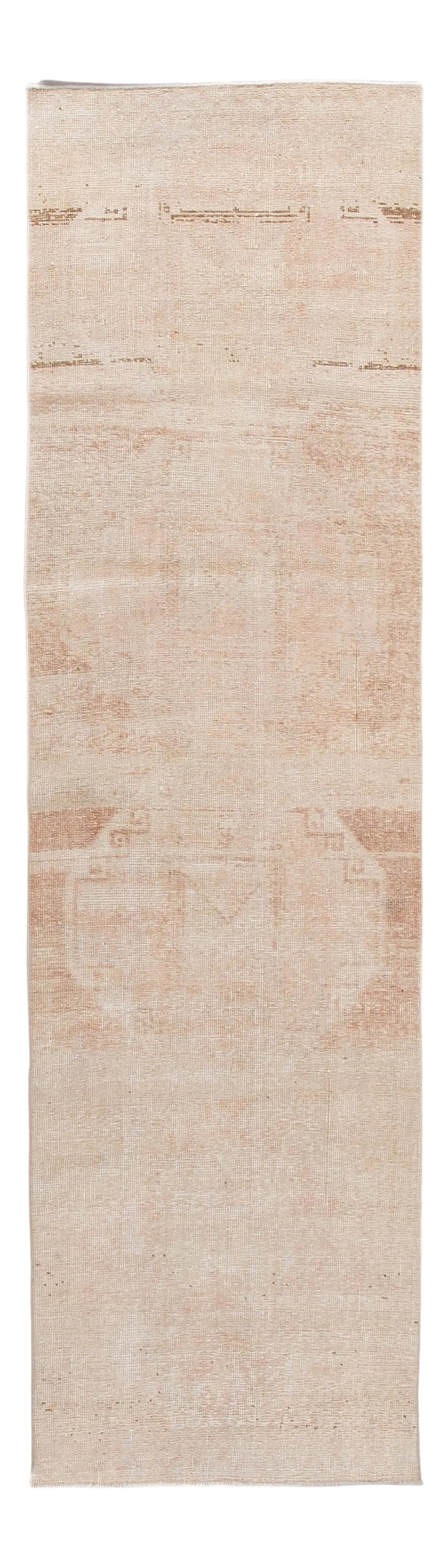 1960s Vintage Turkish Handmade Tan Tribal Wool Runner: Beautiful vintage Turkish hand knotted wool rug with a tan field. This rug has beige accents in a gorgeous all-over geometric tribal design, This rug measures: 3' x 10'10". Condition: Alterations: