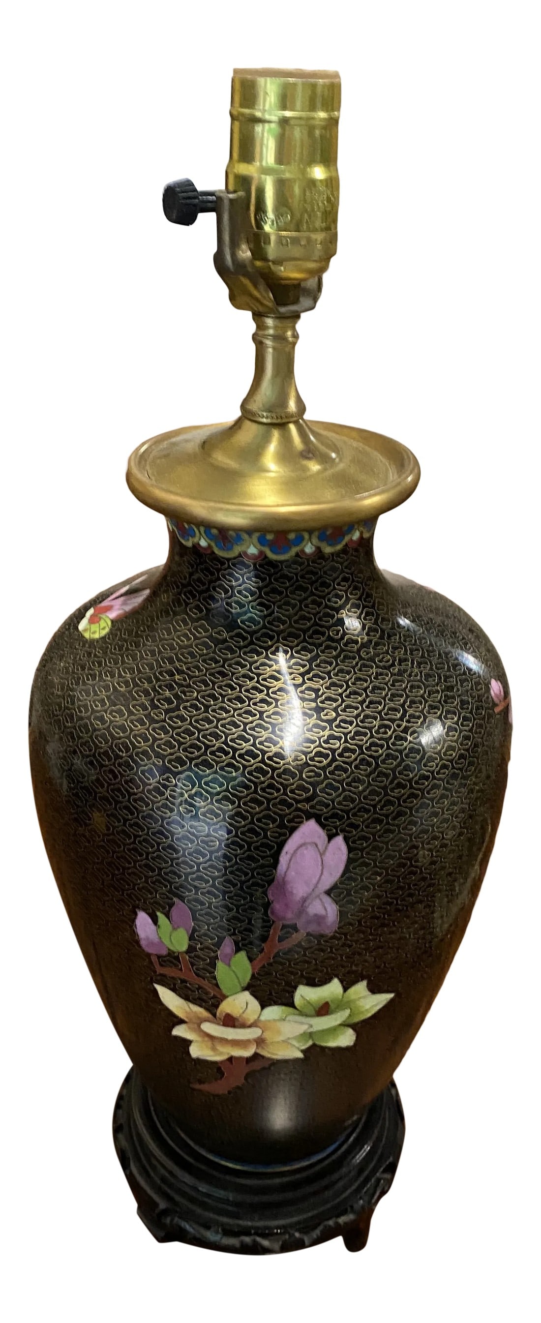 1970s Asian Black Lamp With Cherry Blossoms: Beautiful black Asian lamp with lotus flower details. Perfect for the interior designer. Condition: Alterations: Original Condition Unaltered Imperfections: Some Imperfections Condition Notes: In