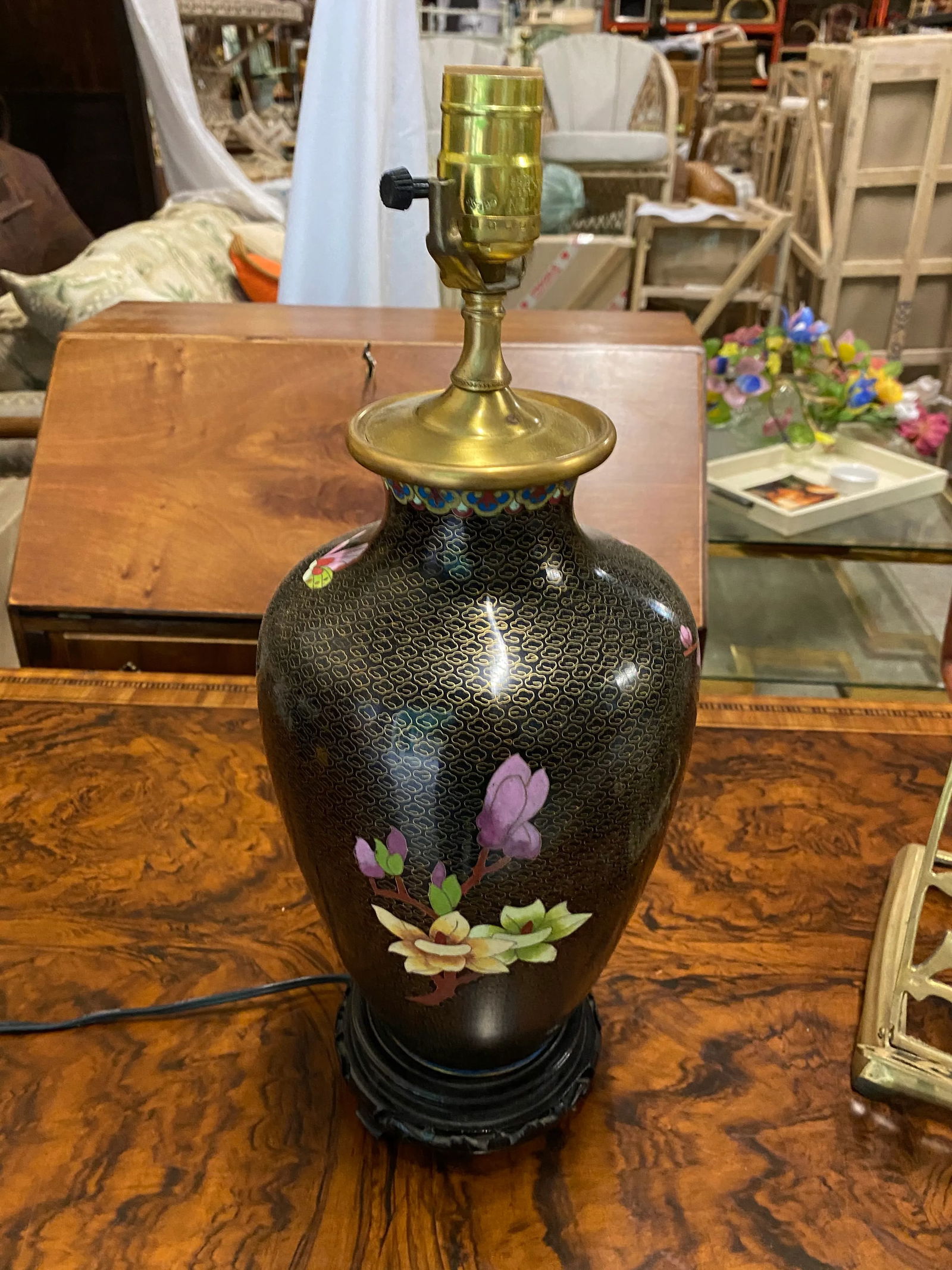1970s Asian Black Lamp With Cherry Blossoms - 7