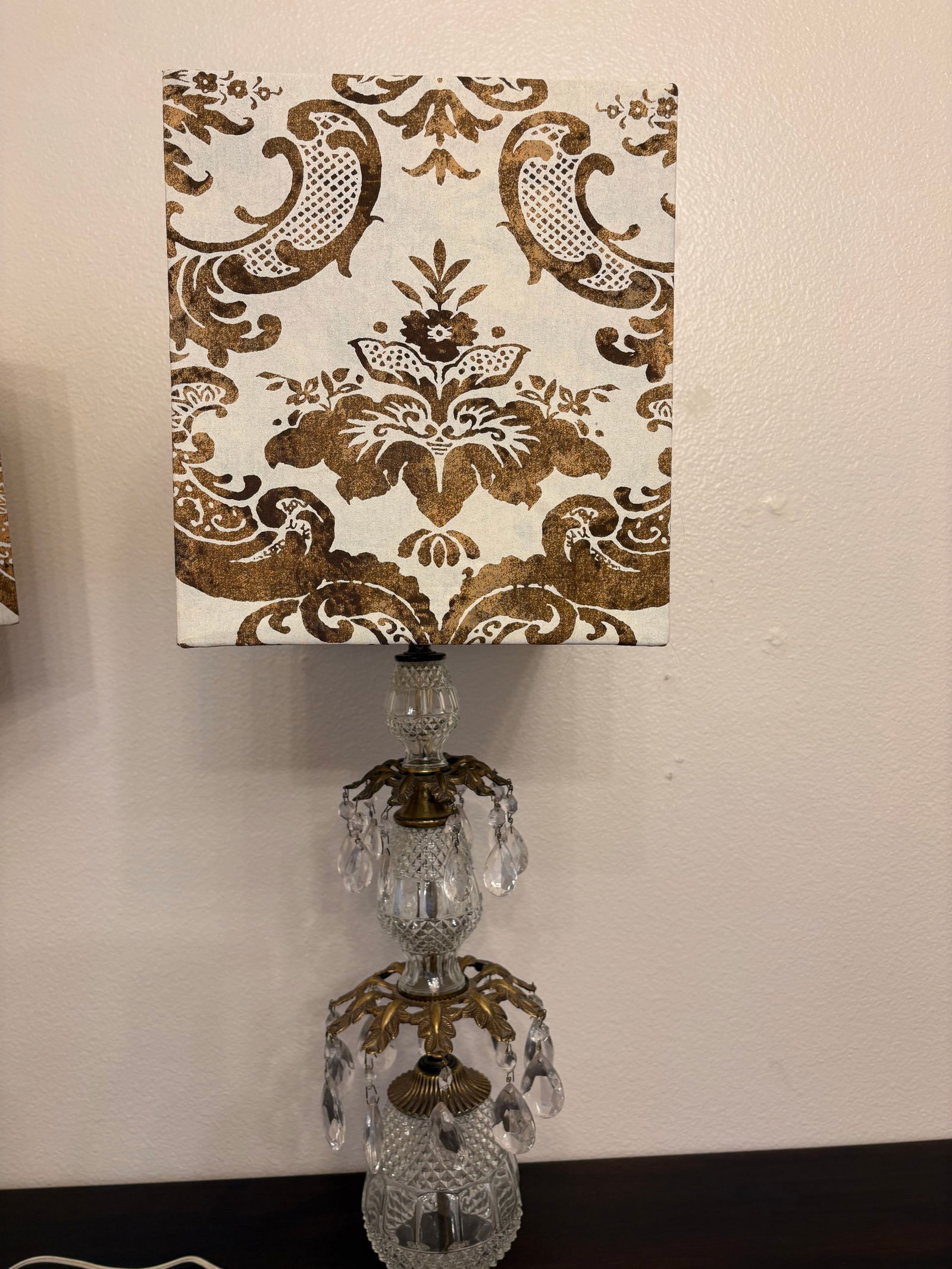 1950s Hollywood Regency Hand Stamped Austrian Lamps Wifh Fortuny Fabric Lamp Shades, a Pair - 2