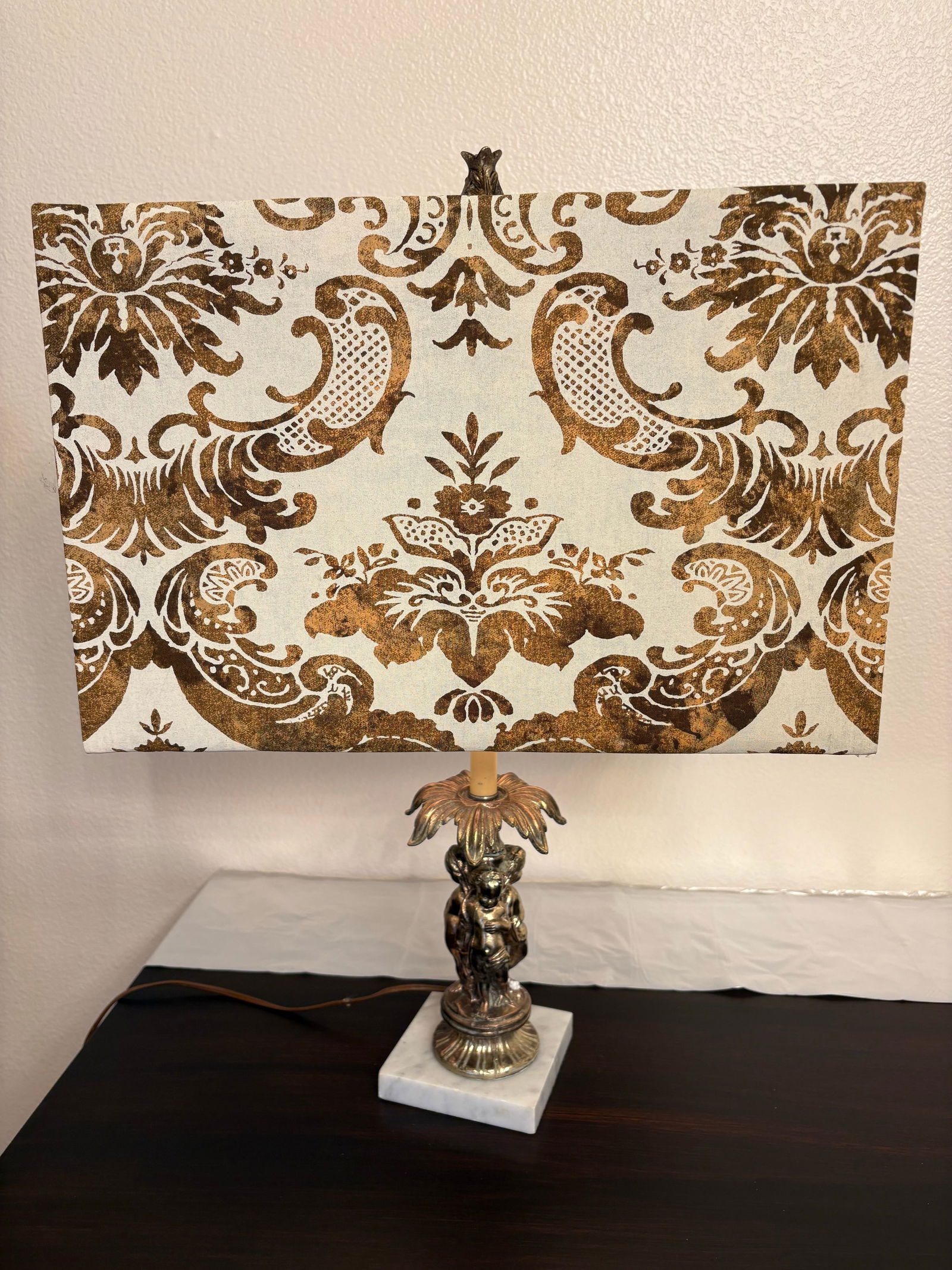 1950s Hollywood Regency Hand Stamped Austrian Lamps Wifh Fortuny Fabric Lamp Shades, a Pair - 4