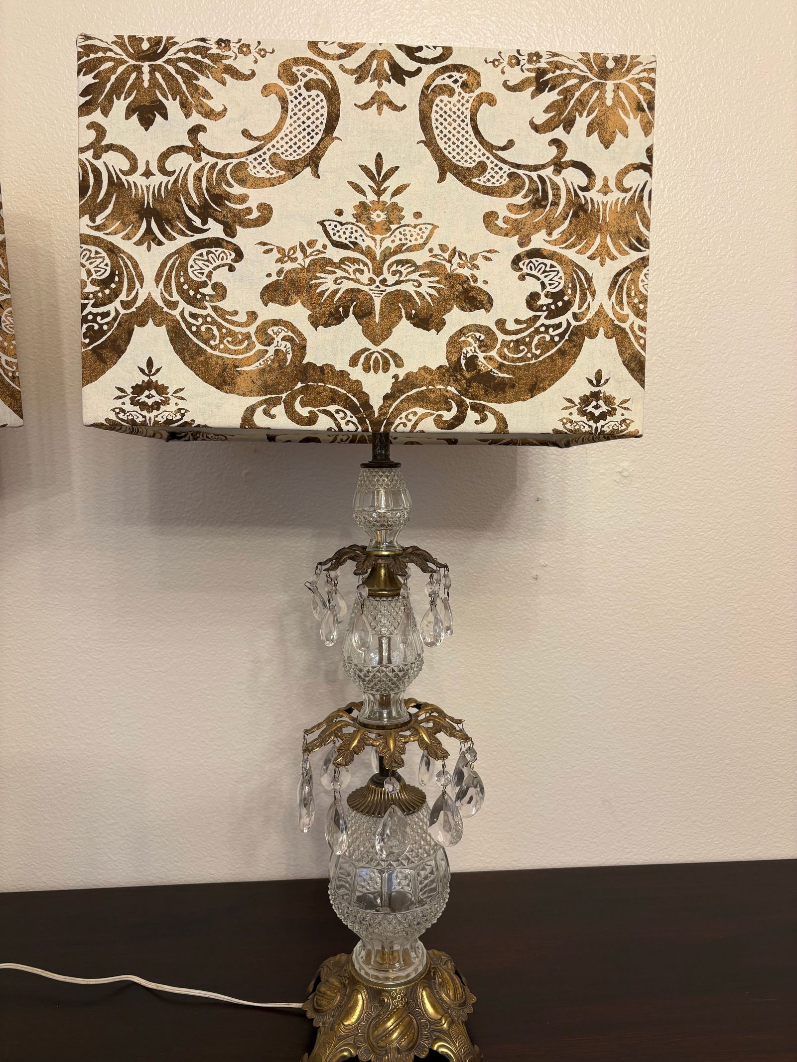 1950s Hollywood Regency Hand Stamped Austrian Lamps Wifh Fortuny Fabric Lamp Shades, a Pair - 5