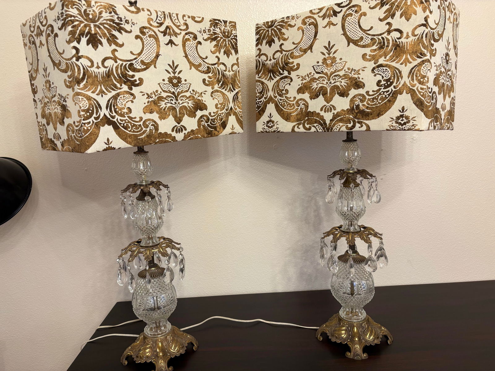 1950s Hollywood Regency Hand Stamped Austrian Lamps Wifh Fortuny Fabric Lamp Shades, a Pair - 9