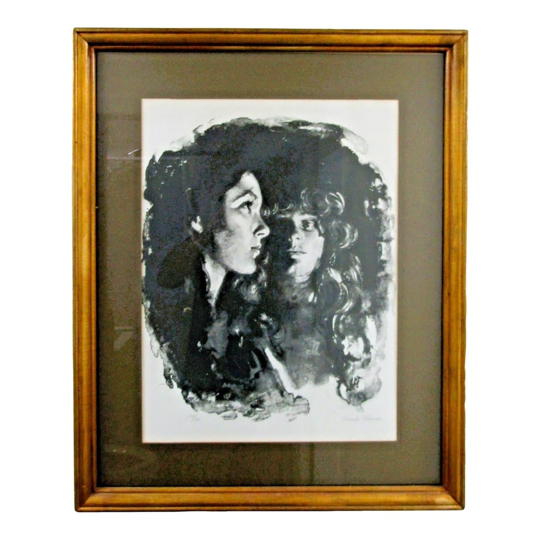 1970s Sandu Liberman Lithograph in the Dark Signed and Numbered in Pencil Framed: A large portrait lithograph by artist Sandu Liberman, featuring a realistic depiction of two women figures. The print is signed and numbered by the artist in pencil, and comes matted and framed.