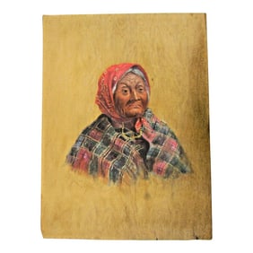 Antique Princess Angeline Painting on Thin Wood Panel Stamped to Back