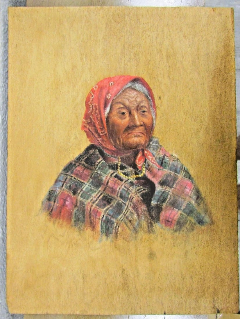 Antique Princess Angeline Painting on Thin Wood Panel Stamped to Back - 2