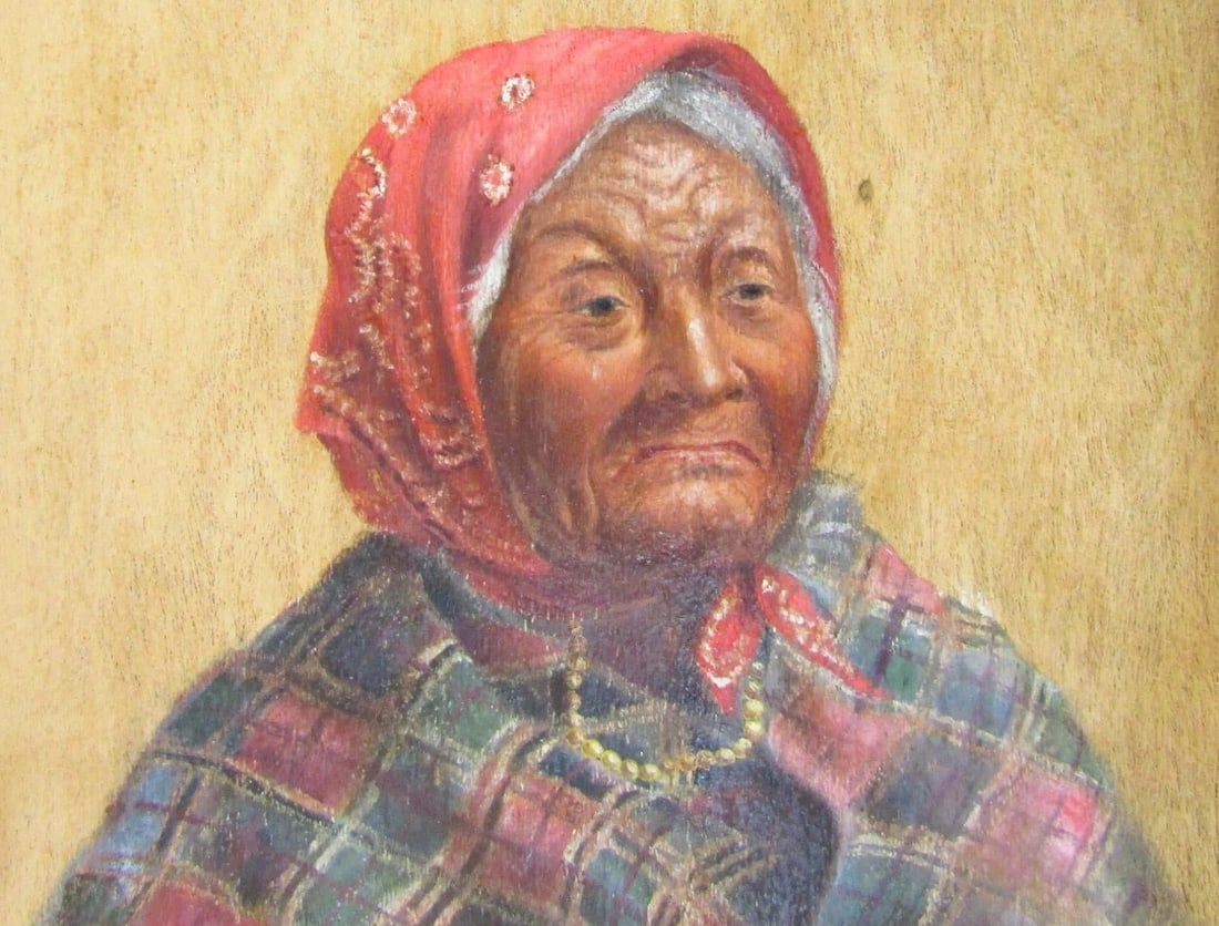 Antique Princess Angeline Painting on Thin Wood Panel Stamped to Back - 3