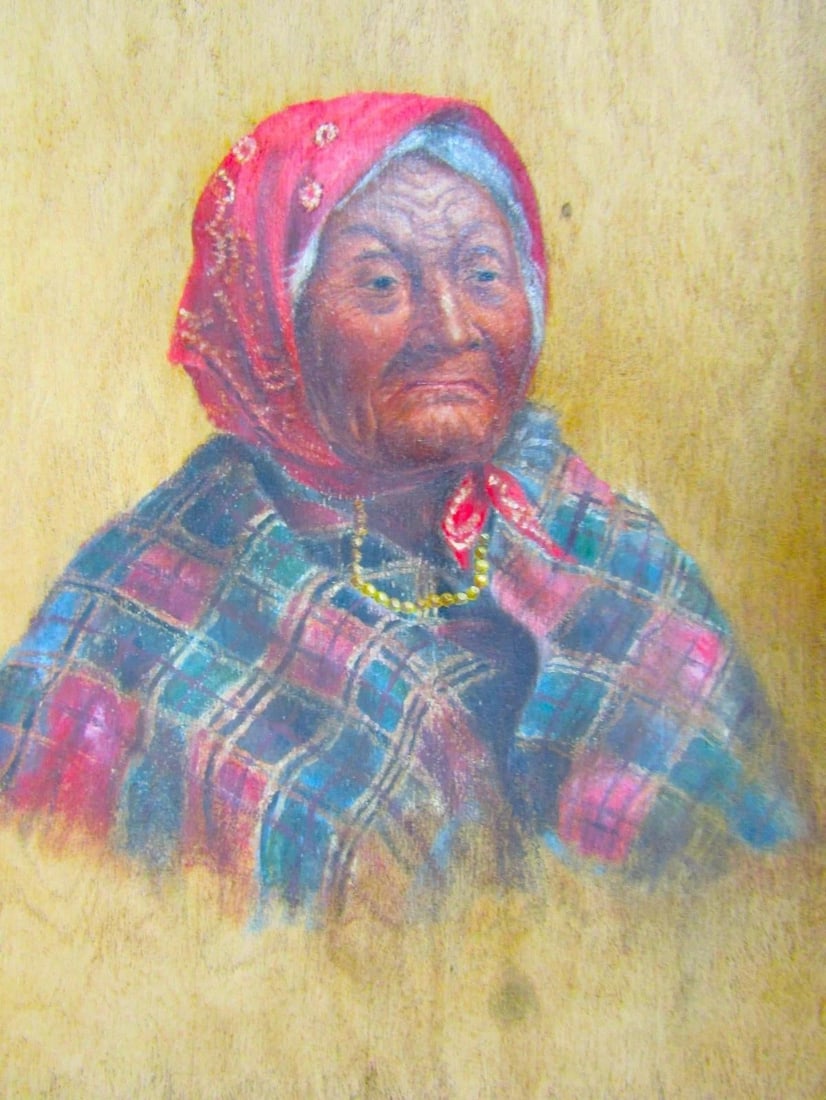 Antique Princess Angeline Painting on Thin Wood Panel Stamped to Back - 5