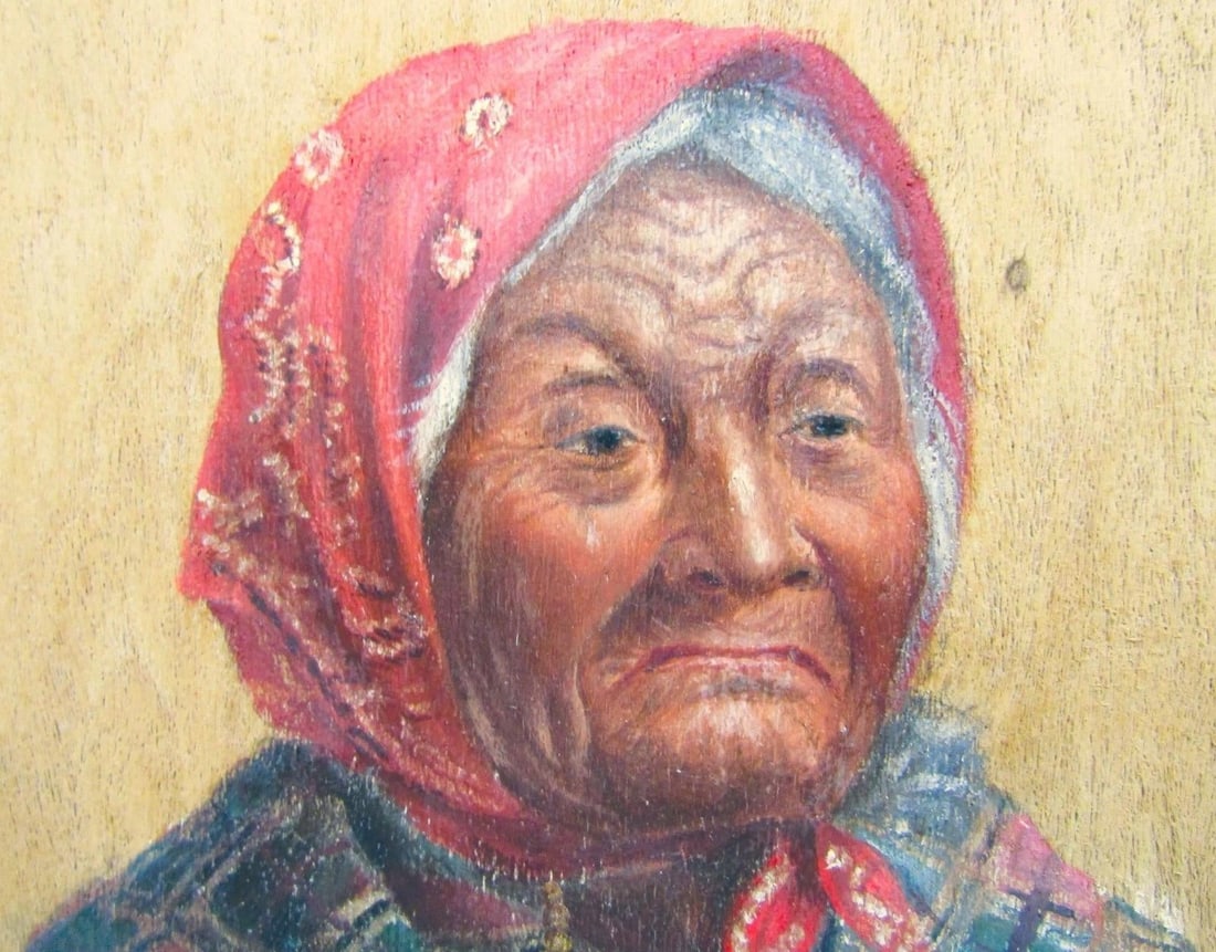 Antique Princess Angeline Painting on Thin Wood Panel Stamped to Back - 6