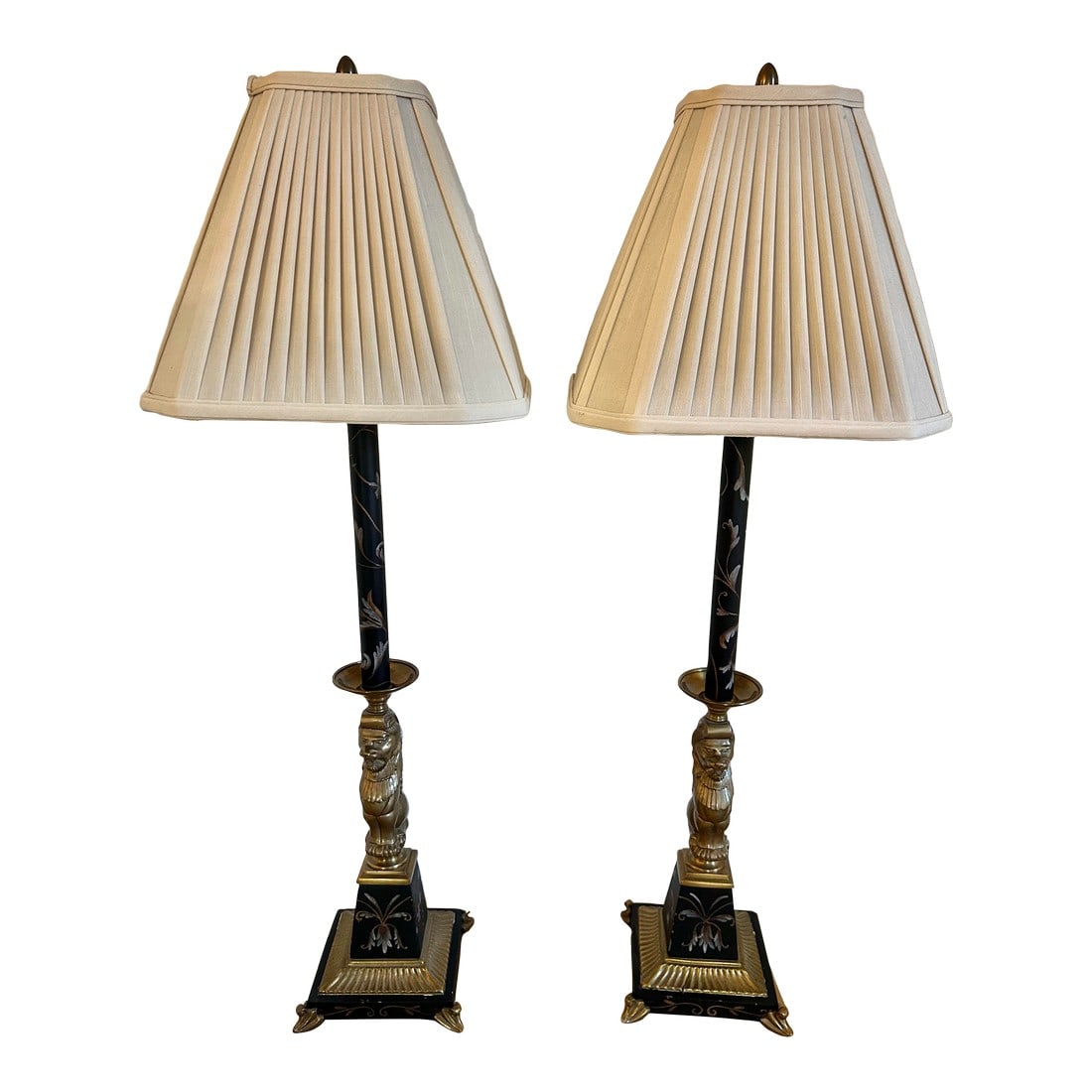 Late 20th Century Neoclassical Regency-Style Lion Table Lamp Black & Gilt Metal in the Style of Fred: These table or buffet lamps are so reminiscent of the Frederick Cooper style, however there is no makers mark and we believe them to be made a bit later. The lamps are neoclassical / Regency-style