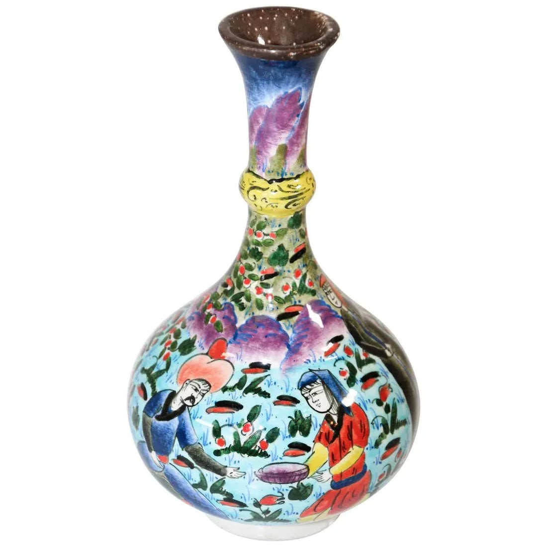 Turkish Ottoman Scene Polychrome Hand Painted Ceramic Vase Kutahya - 10