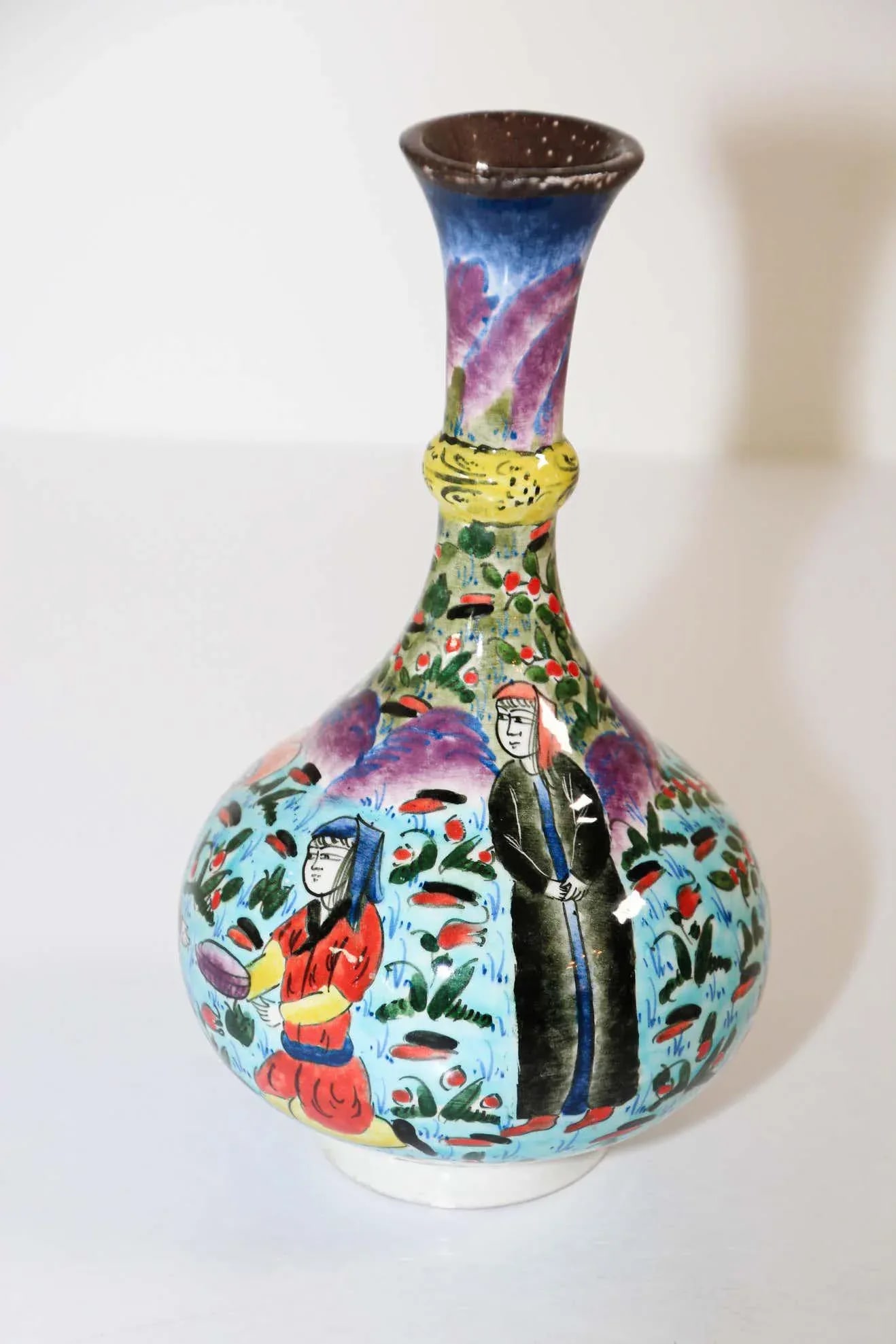 Turkish Ottoman Scene Polychrome Hand Painted Ceramic Vase Kutahya - 3