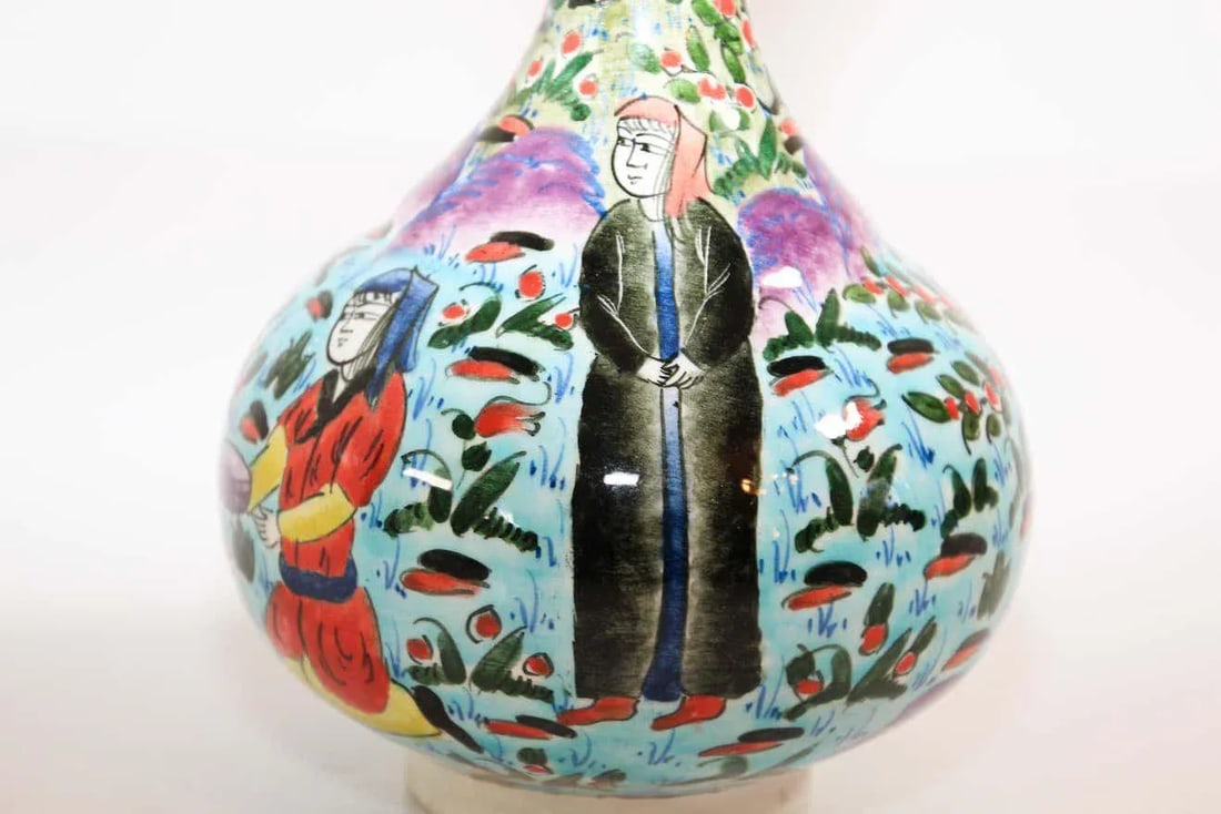 Turkish Ottoman Scene Polychrome Hand Painted Ceramic Vase Kutahya - 6