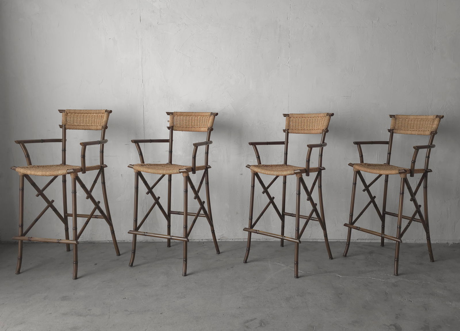 Set of 4 Metal Faux Bamboo and Rope Bar Stools - 2