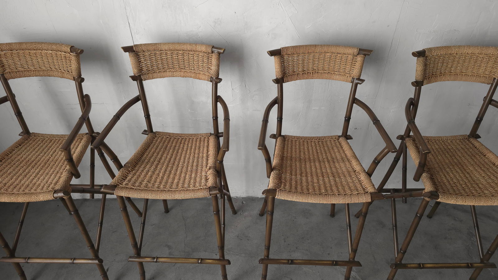 Set of 4 Metal Faux Bamboo and Rope Bar Stools - 4