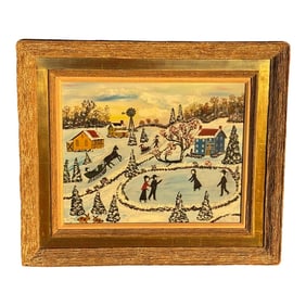 A Romantic Day at the Pond - Early 20th C. Original Oil on Canvas Winter Skating Scene