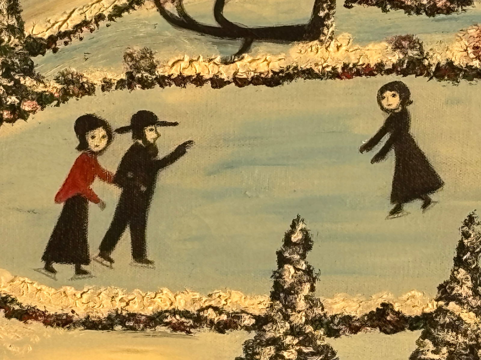 A Romantic Day at the Pond - Early 20th C. Original Oil on Canvas Winter Skating Scene - 2