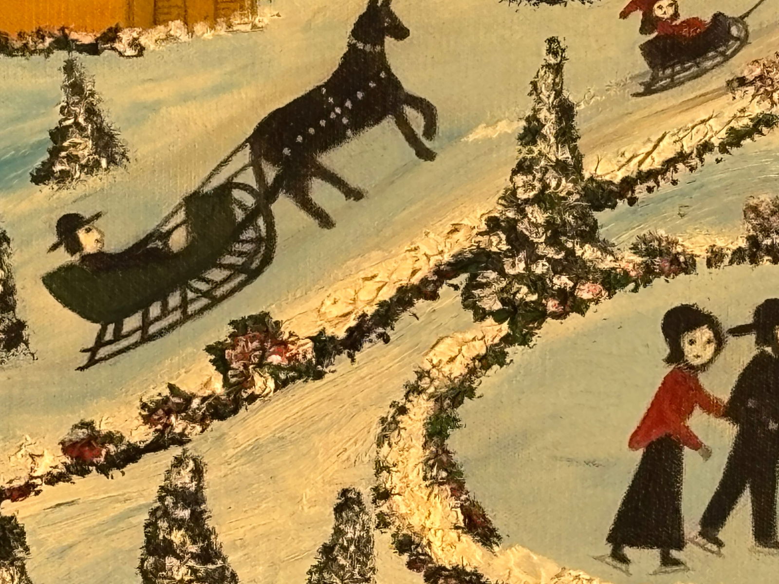 A Romantic Day at the Pond - Early 20th C. Original Oil on Canvas Winter Skating Scene - 3