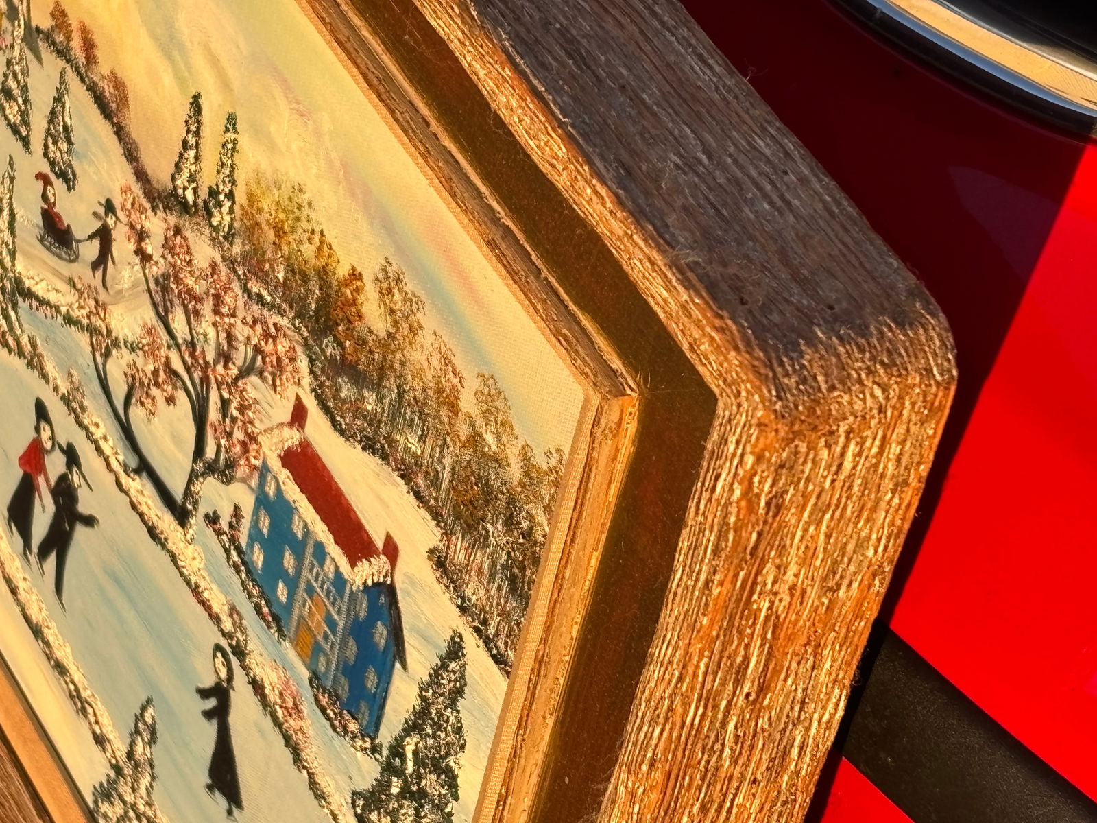 A Romantic Day at the Pond - Early 20th C. Original Oil on Canvas Winter Skating Scene - 8