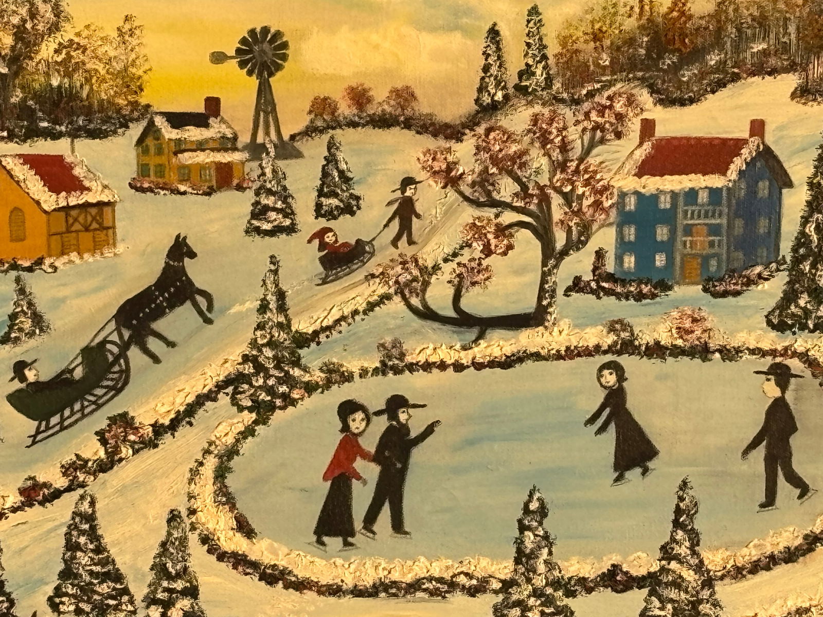 A Romantic Day at the Pond - Early 20th C. Original Oil on Canvas Winter Skating Scene - 9