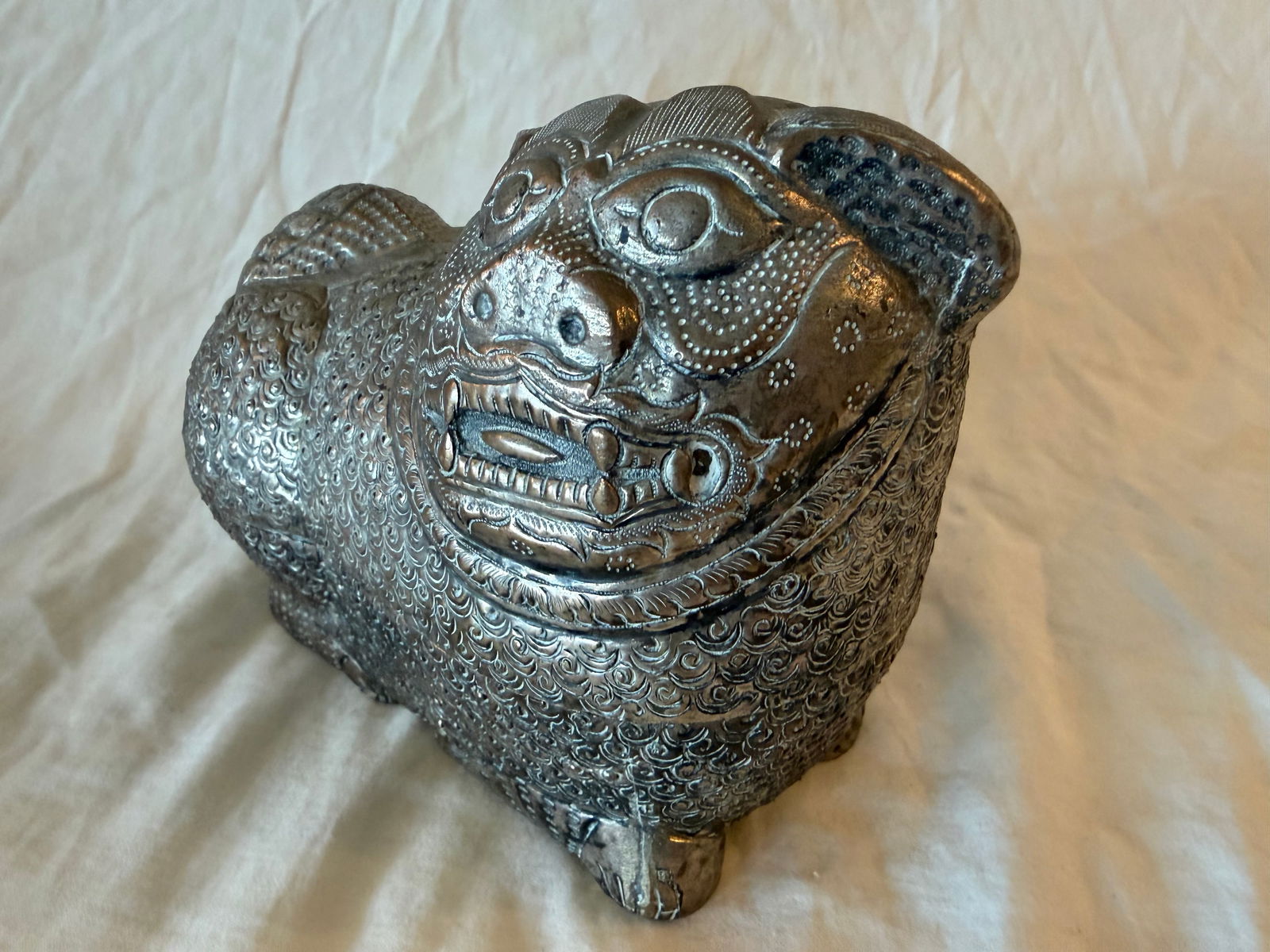 Large Antique Cambodian Silver-Plated Foo/Fu Dog Box - 9