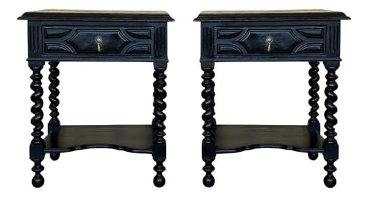 1900-1909 Dark Walnut Carved Spanish Nightstands With Solomonic Legs and Low Shelve