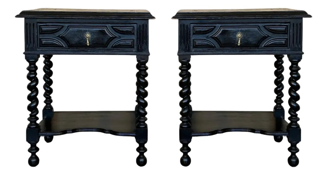 1900-1909 Dark Walnut Carved Spanish Nightstands With Solomonic Legs and Low Shelve: 20th century pair of solid carved Spanish nightstands with Solomonic columns and carved drawers. The pieces have a low shelve that gives stability and it is very useful . Condition: Alterations: