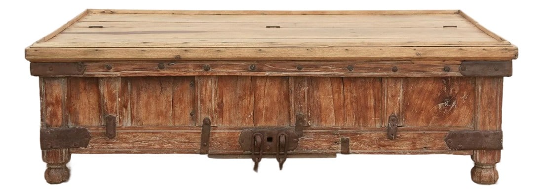 Large Antique Teak Stickbox Chest Coffee Table: This monumental coffee table began its life as a heavy-duty storage chest in Northwest India. Known in the trade as a "Stickbox" due to its construction from vertical teak planks reinforced with heavy